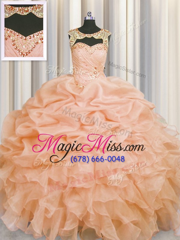 wholesale fabulous scoop pick ups floor length ball gowns sleeveless peach 15 quinceanera dress lace up