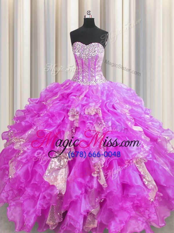 wholesale superior visible boning lilac sleeveless beading and ruffles and sequins floor length quinceanera gown