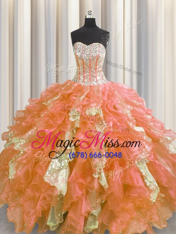 wholesale romantic sequins visible boning floor length ball gowns sleeveless orange sweet 16 dress lace up