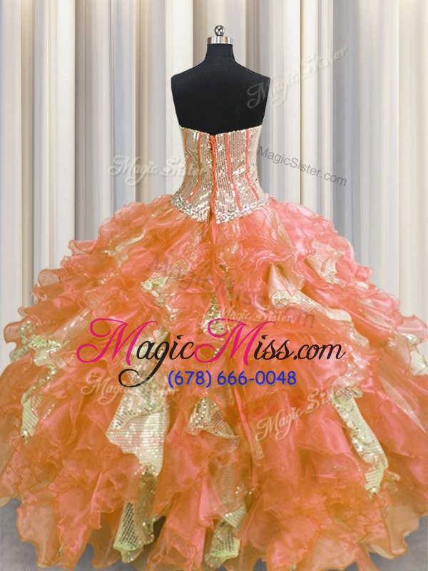 wholesale romantic sequins visible boning floor length ball gowns sleeveless orange sweet 16 dress lace up