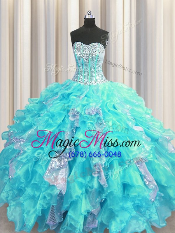 wholesale visible boning floor length lace up 15 quinceanera dress aqua blue and in for military ball and sweet 16 and quinceanera with beading and ruffles and sequins