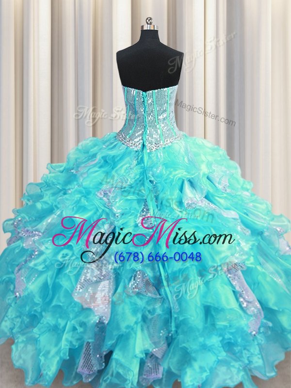 wholesale visible boning floor length lace up 15 quinceanera dress aqua blue and in for military ball and sweet 16 and quinceanera with beading and ruffles and sequins