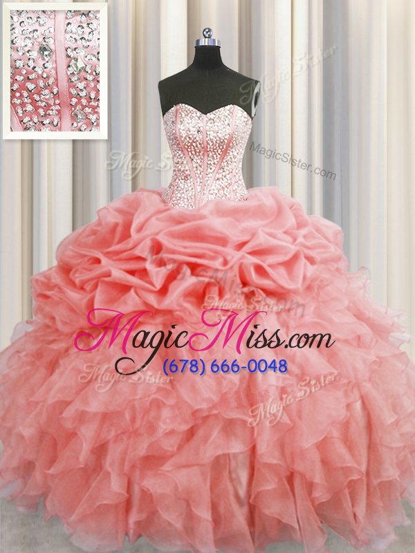 wholesale on sale pick ups visible boning floor length ball gowns sleeveless watermelon red sweet 16 dress lace up