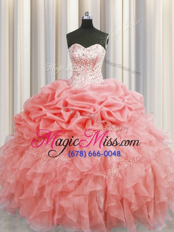 wholesale on sale pick ups visible boning floor length ball gowns sleeveless watermelon red sweet 16 dress lace up