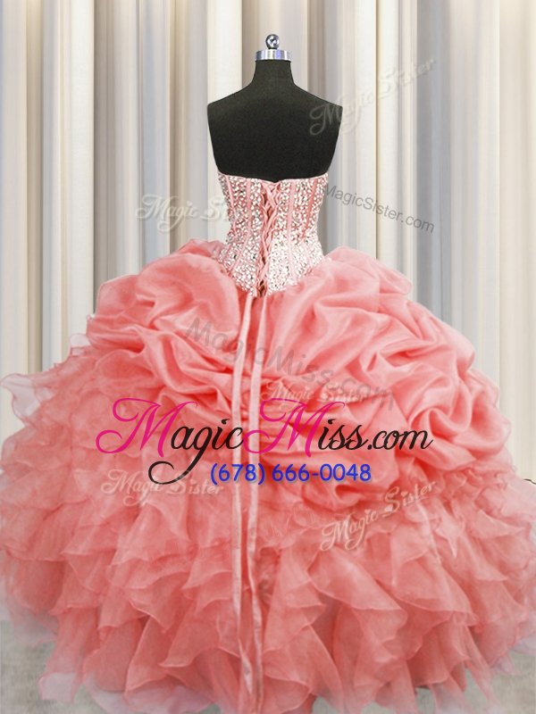 wholesale on sale pick ups visible boning floor length ball gowns sleeveless watermelon red sweet 16 dress lace up