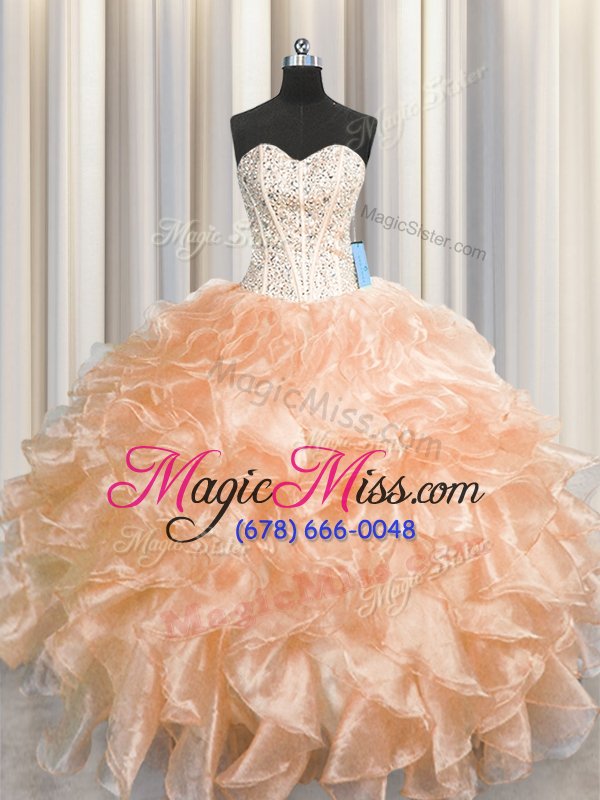 wholesale great visible boning zipper up organza sleeveless floor length quinceanera dress and beading and ruffles