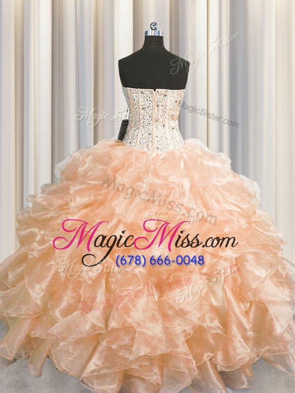 wholesale great visible boning zipper up organza sleeveless floor length quinceanera dress and beading and ruffles