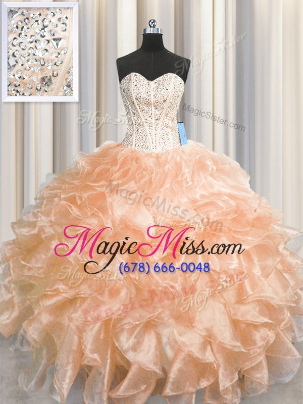 wholesale great visible boning zipper up organza sleeveless floor length quinceanera dress and beading and ruffles