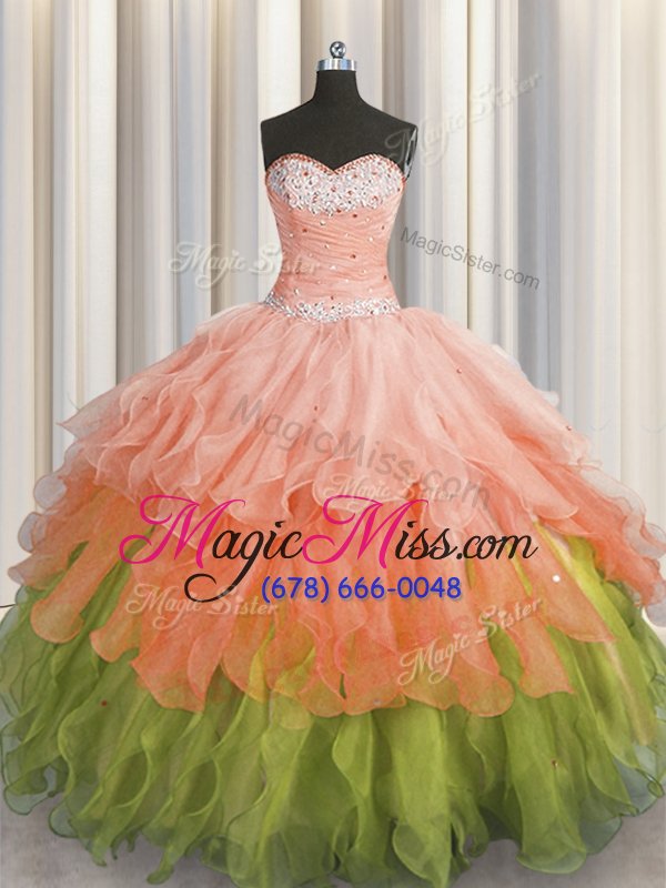 wholesale fashion beading and ruffles and ruffled layers and sequins vestidos de quinceanera multi-color lace up sleeveless floor length