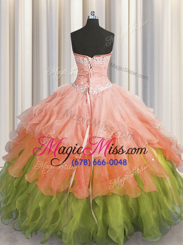 wholesale fashion beading and ruffles and ruffled layers and sequins vestidos de quinceanera multi-color lace up sleeveless floor length