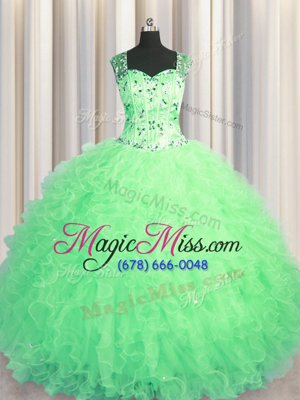 wholesale adorable see through zipper up floor length apple green sweet 16 dresses straps sleeveless zipper