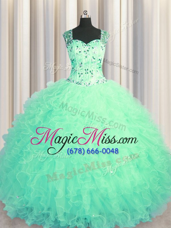 wholesale glorious see through zipper up turquoise zipper straps beading and ruffles sweet 16 dresses tulle sleeveless