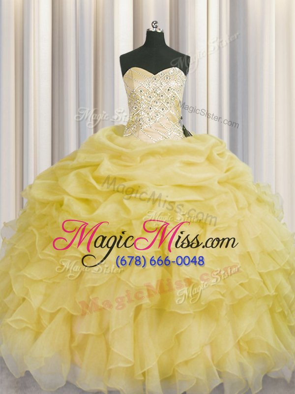 wholesale deluxe light yellow sweet 16 dress military ball and sweet 16 and quinceanera and for with beading and ruffles sweetheart sleeveless lace up