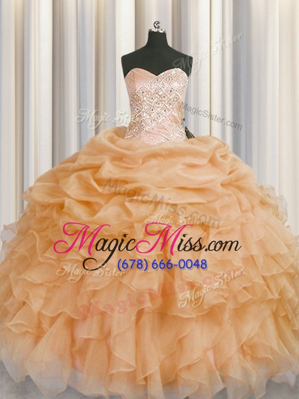 wholesale trendy gold ball gowns beading and ruffles vestidos de quinceanera lace up organza sleeveless floor length