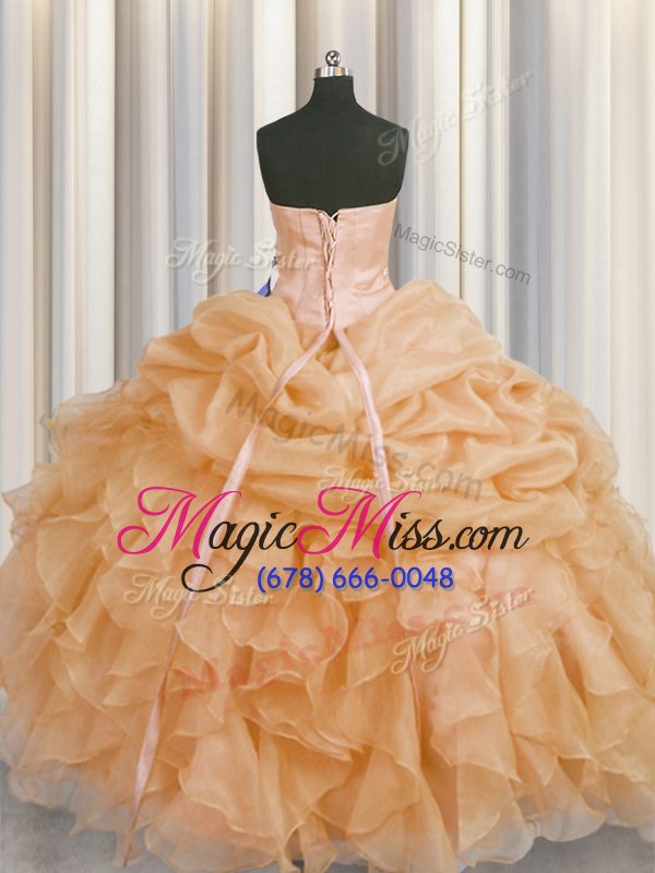 wholesale trendy gold ball gowns beading and ruffles vestidos de quinceanera lace up organza sleeveless floor length