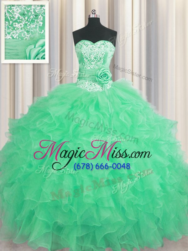 wholesale deluxe handcrafted flower floor length ball gowns sleeveless apple green quince ball gowns lace up