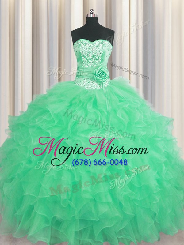 wholesale deluxe handcrafted flower floor length ball gowns sleeveless apple green quince ball gowns lace up