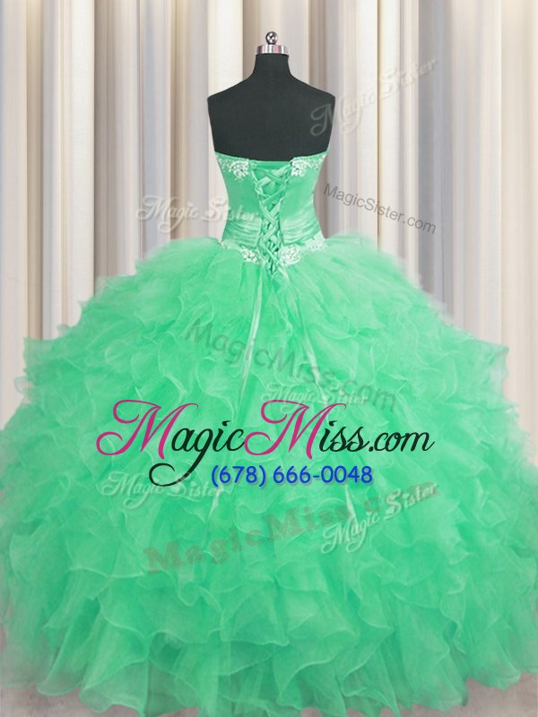 wholesale deluxe handcrafted flower floor length ball gowns sleeveless apple green quince ball gowns lace up