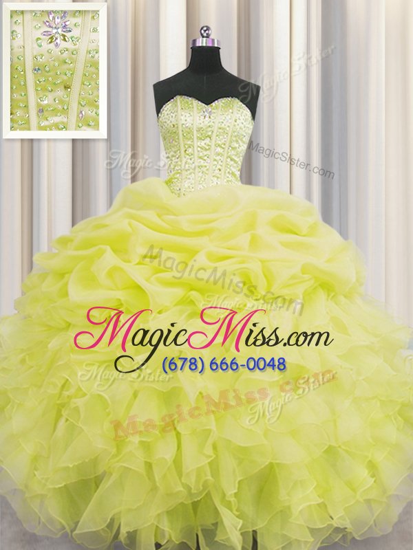 wholesale sweet visible boning yellow ball gowns sweetheart sleeveless organza floor length lace up beading and ruffles and pick ups quinceanera gowns