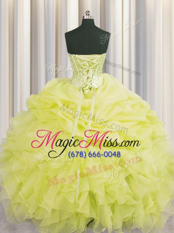 wholesale sweet visible boning yellow ball gowns sweetheart sleeveless organza floor length lace up beading and ruffles and pick ups quinceanera gowns