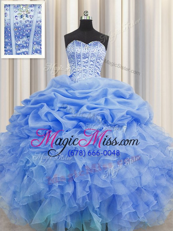 wholesale graceful visible boning organza sleeveless floor length sweet 16 dresses and beading and ruffles and pick ups