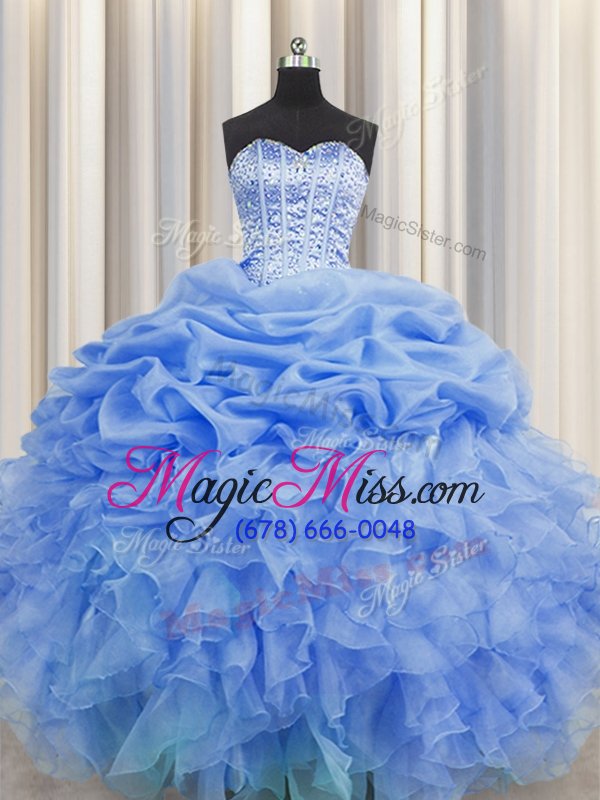 wholesale graceful visible boning organza sleeveless floor length sweet 16 dresses and beading and ruffles and pick ups