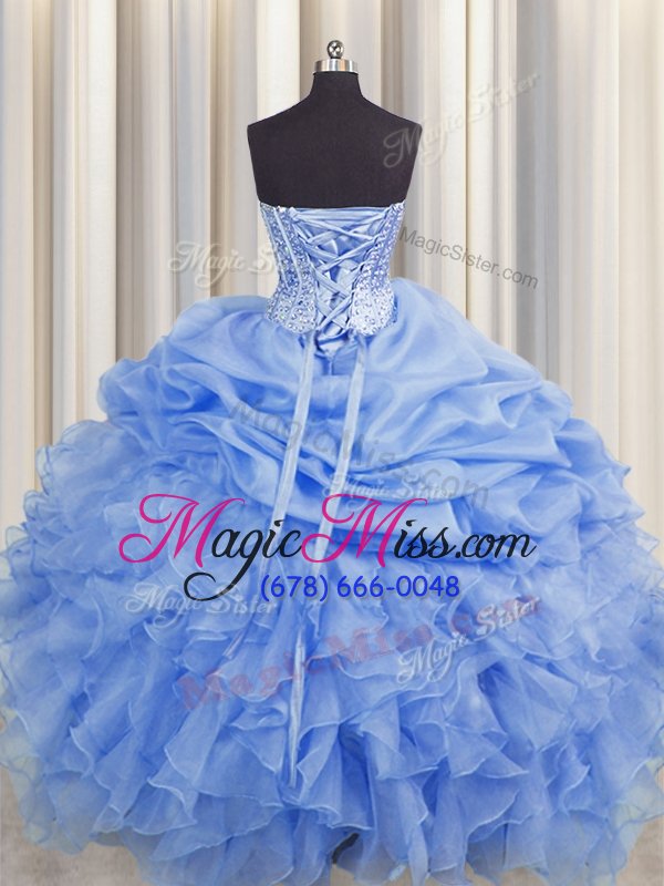 wholesale graceful visible boning organza sleeveless floor length sweet 16 dresses and beading and ruffles and pick ups