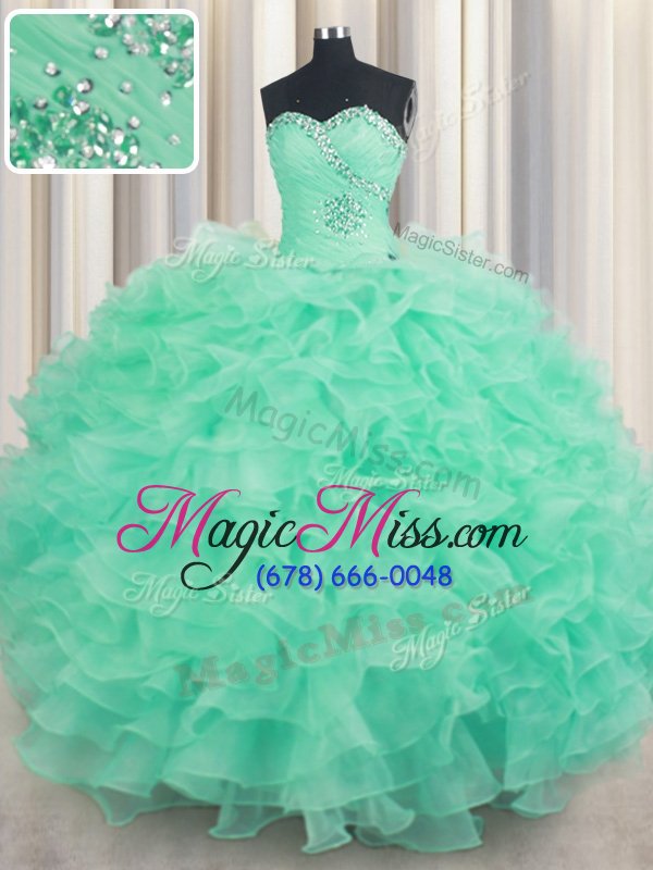 wholesale simple sweetheart sleeveless quinceanera dress floor length beading and ruffles apple green organza