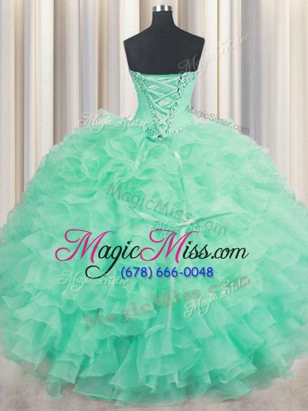 wholesale simple sweetheart sleeveless quinceanera dress floor length beading and ruffles apple green organza