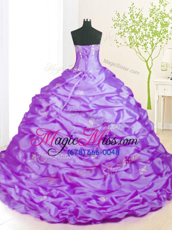 wholesale high quality lavender taffeta lace up sweet 16 dresses sleeveless with train sweep train beading