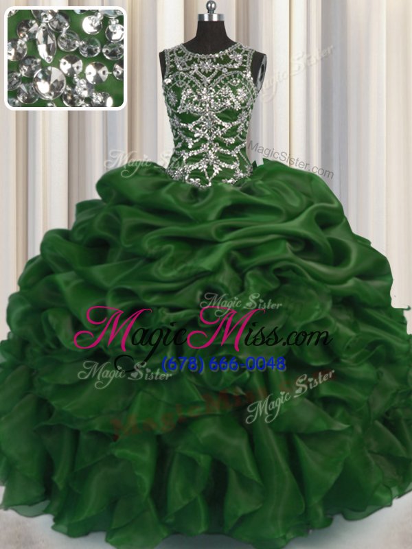 wholesale shining see through organza scoop sleeveless lace up beading and pick ups 15 quinceanera dress in olive green