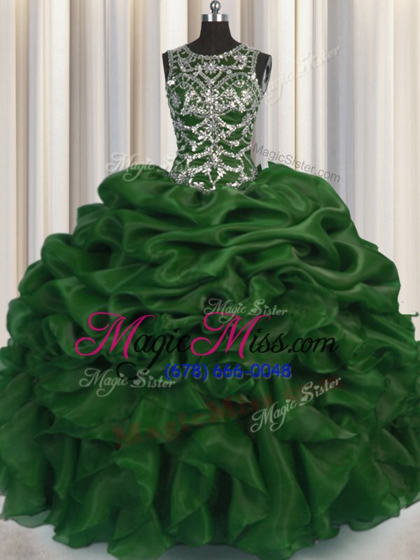 wholesale shining see through organza scoop sleeveless lace up beading and pick ups 15 quinceanera dress in olive green