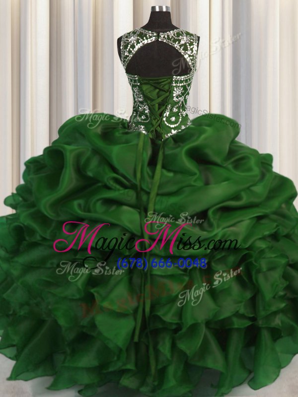 wholesale shining see through organza scoop sleeveless lace up beading and pick ups 15 quinceanera dress in olive green