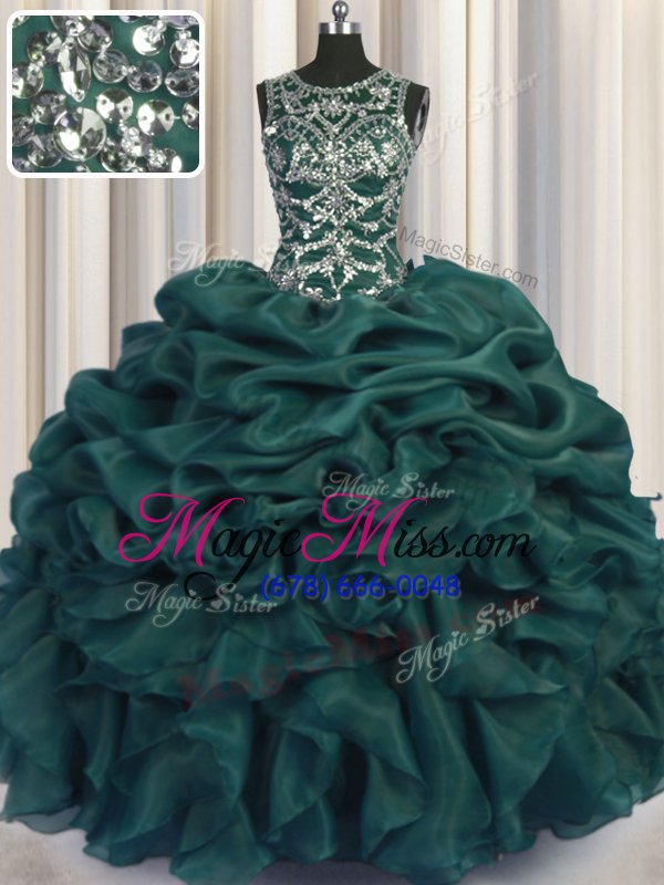 wholesale designer see through teal scoop neckline beading and sequins and pick ups quinceanera gown sleeveless lace up