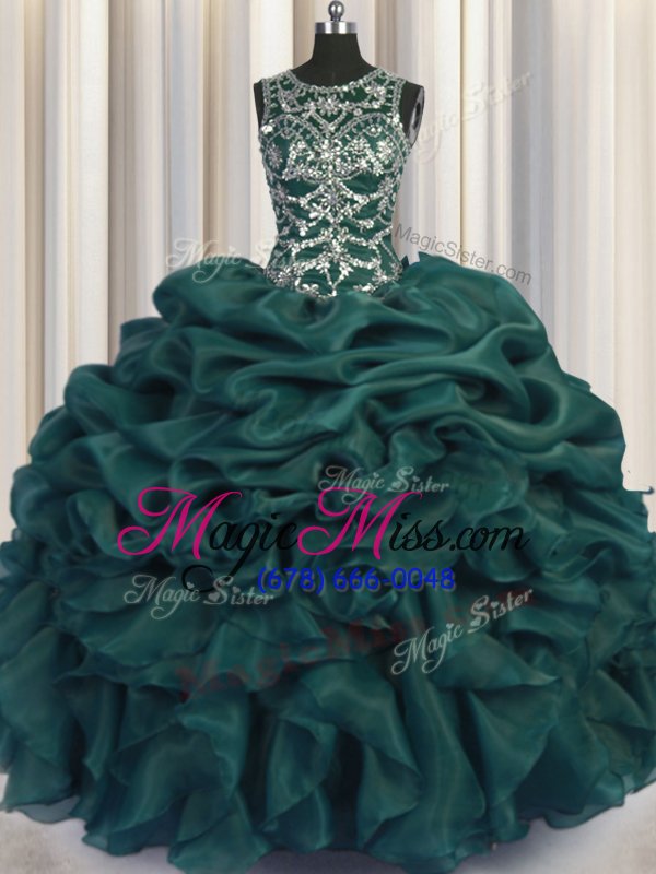 wholesale designer see through teal scoop neckline beading and sequins and pick ups quinceanera gown sleeveless lace up