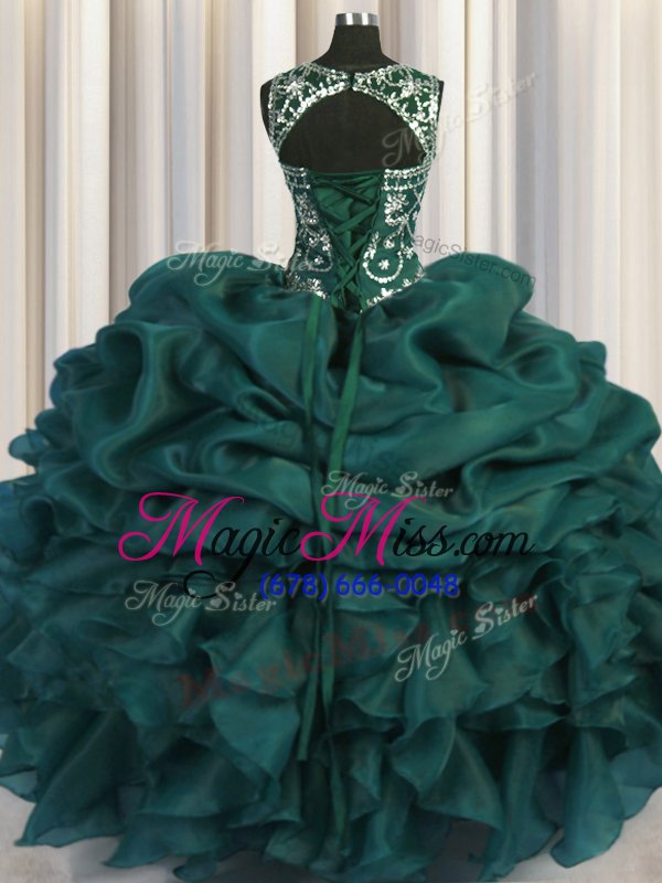 wholesale designer see through teal scoop neckline beading and sequins and pick ups quinceanera gown sleeveless lace up