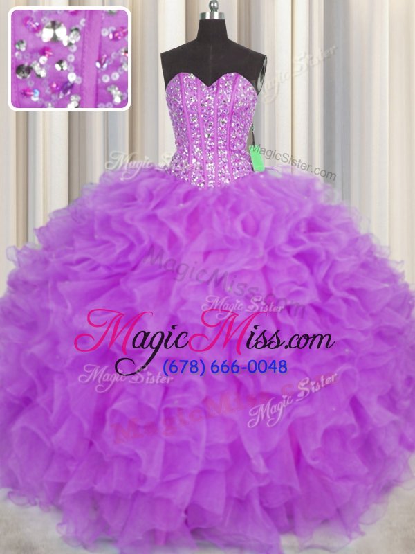 wholesale on sale visible boning sweetheart sleeveless quince ball gowns floor length beading and ruffles and sashes|ribbons purple organza