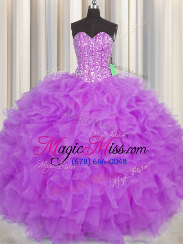 wholesale on sale visible boning sweetheart sleeveless quince ball gowns floor length beading and ruffles and sashes|ribbons purple organza