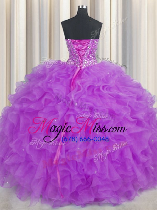 wholesale on sale visible boning sweetheart sleeveless quince ball gowns floor length beading and ruffles and sashes|ribbons purple organza