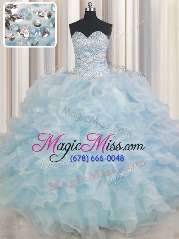 wholesale cute light blue sweetheart lace up beading and ruffles quince ball gowns sleeveless