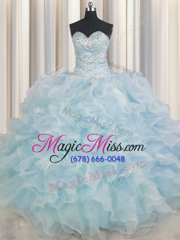 wholesale cute light blue sweetheart lace up beading and ruffles quince ball gowns sleeveless