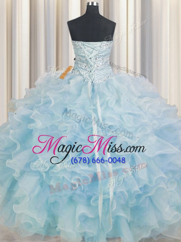 wholesale cute light blue sweetheart lace up beading and ruffles quince ball gowns sleeveless