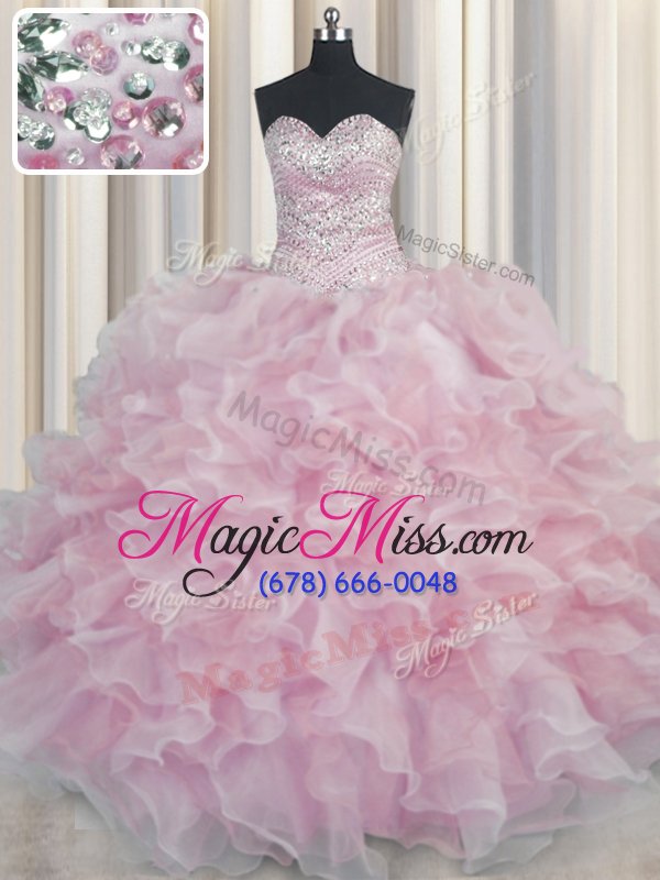 wholesale fabulous bling-bling pink sleeveless organza lace up quinceanera dress for military ball and sweet 16 and quinceanera