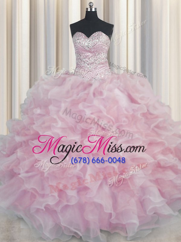 wholesale fabulous bling-bling pink sleeveless organza lace up quinceanera dress for military ball and sweet 16 and quinceanera