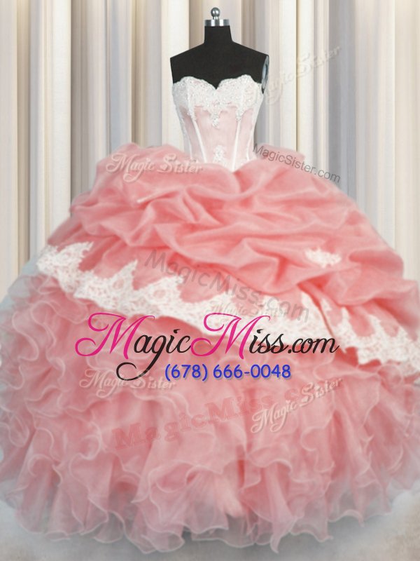 wholesale fabulous watermelon red and baby pink sleeveless appliques and ruffles and pick ups floor length ball gown prom dress