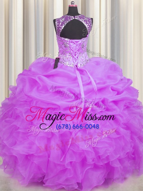 wholesale simple see through lilac scoop backless beading and ruffles and pick ups quinceanera dress sleeveless