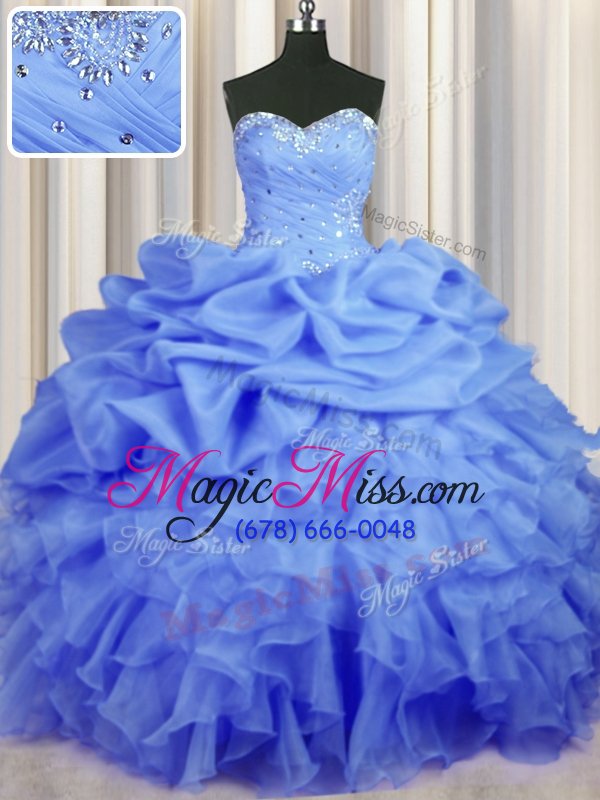 wholesale hot selling blue organza lace up ball gown prom dress sleeveless floor length beading and ruffles and ruching and pick ups