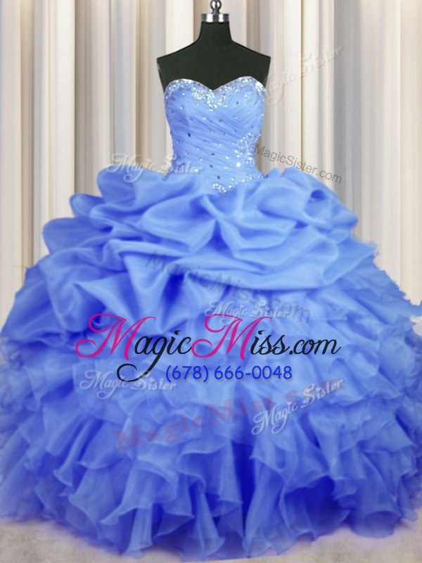 wholesale hot selling blue organza lace up ball gown prom dress sleeveless floor length beading and ruffles and ruching and pick ups