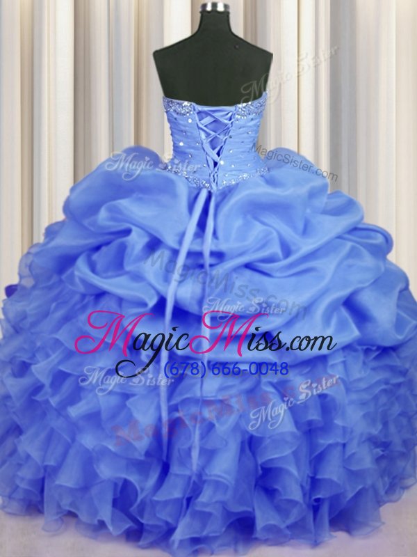 wholesale hot selling blue organza lace up ball gown prom dress sleeveless floor length beading and ruffles and ruching and pick ups