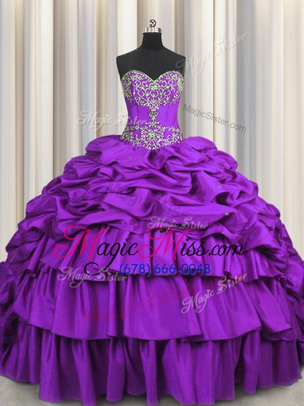 wholesale popular purple sweetheart lace up beading and embroidery and ruffled layers and pick ups sweet 16 dresses brush train sleeveless